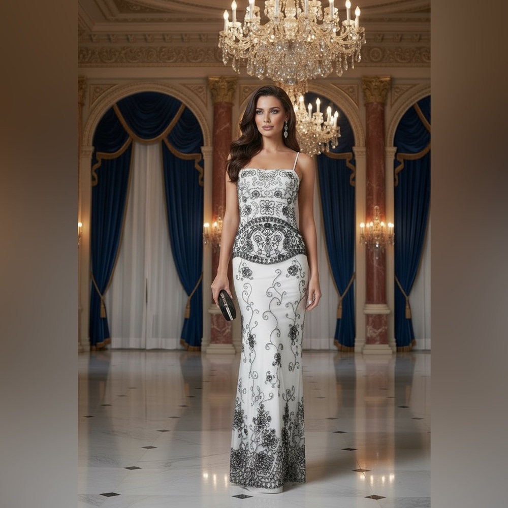 Attitudes by Debra Elegant Black and off white hand‎ beaded Evening Gown.